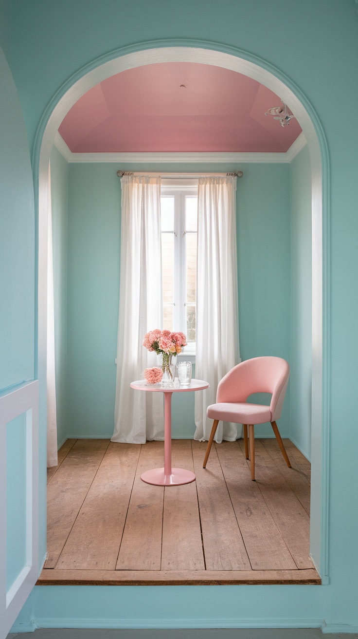 Bright and airy she shed interior with turquoise walls and pink ceiling