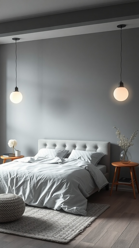 Modern gray bedroom with pendant lighting and cozy decor