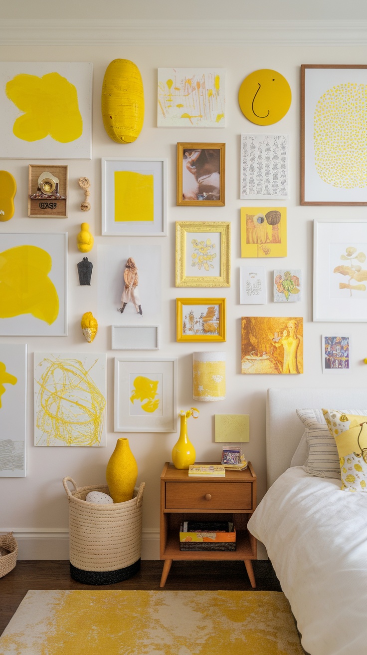 A vibrant yellow gallery wall featuring various artworks, decor pieces, and textures, creating a cheerful focal point in a bedroom.