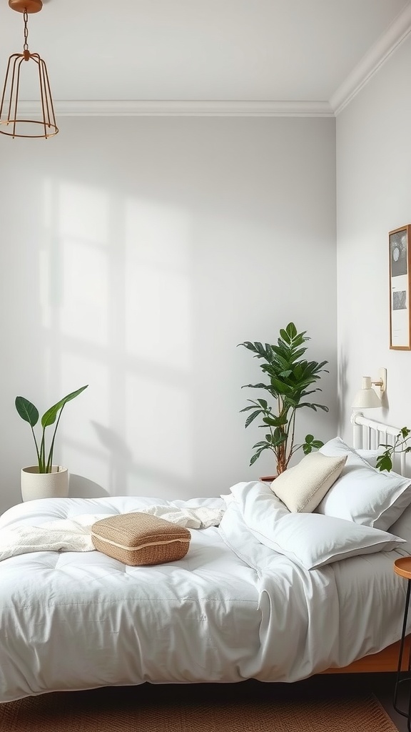 A cozy gray bedroom with plants, a bed with white bedding, and natural light coming through a window.
