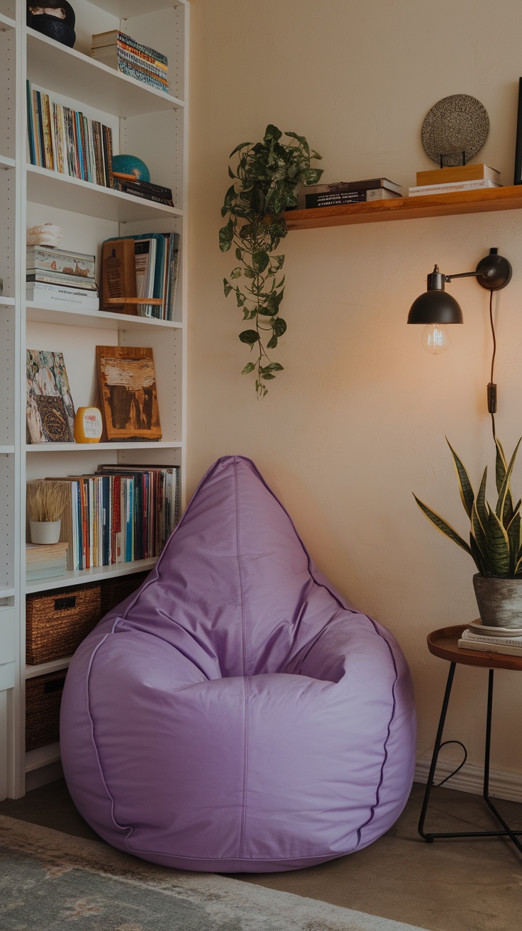 A purple bean bag chair in a home office setting, surrounded by bookshelves and plants.