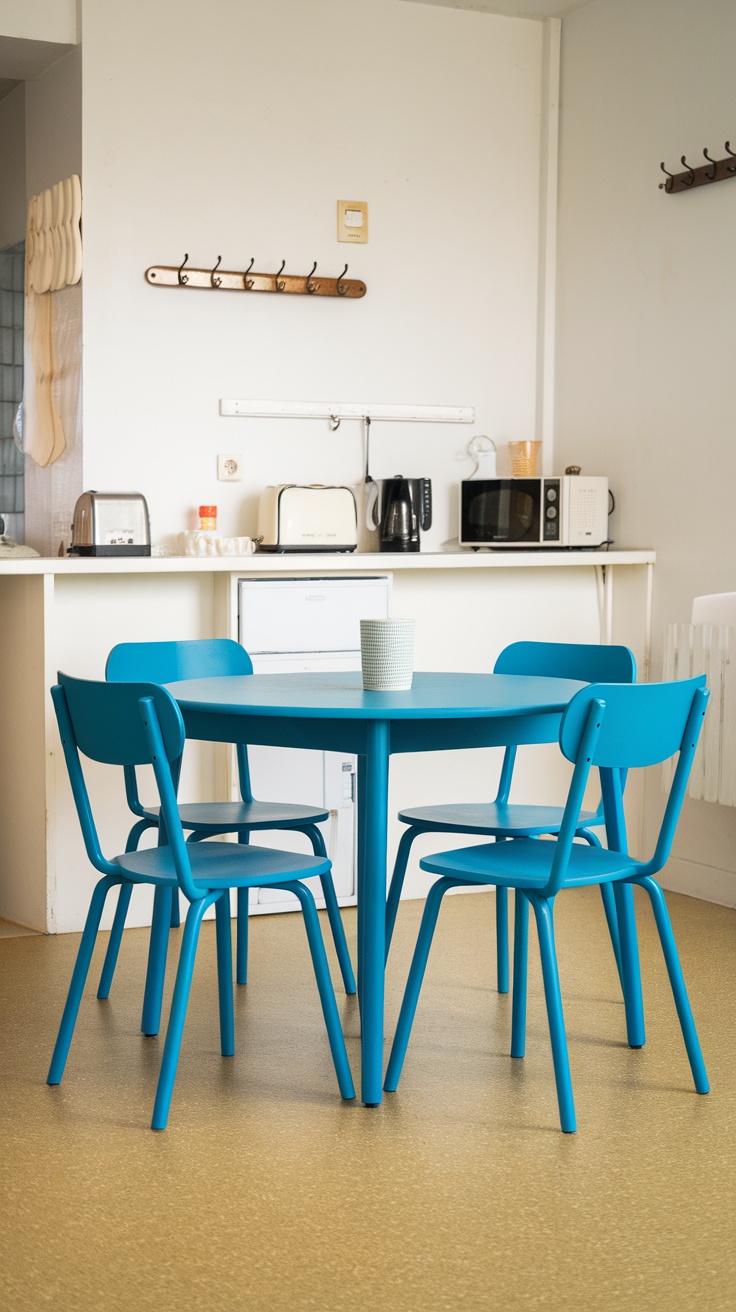 A cerulean blue dining set consisting of a round table and four matching chairs in a kitchen setting.
