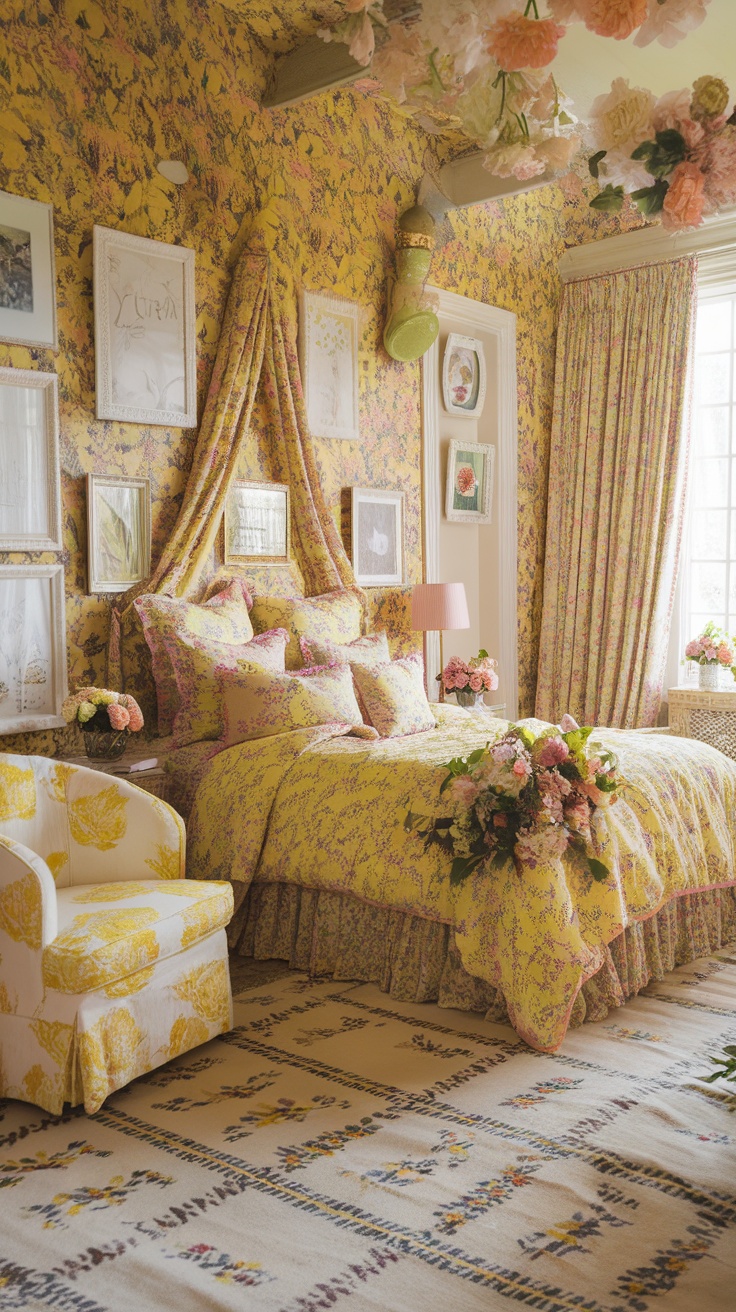 A cozy yellow bedroom with floral wallpaper, floral bedding, and decorative elements creating a cheerful atmosphere.