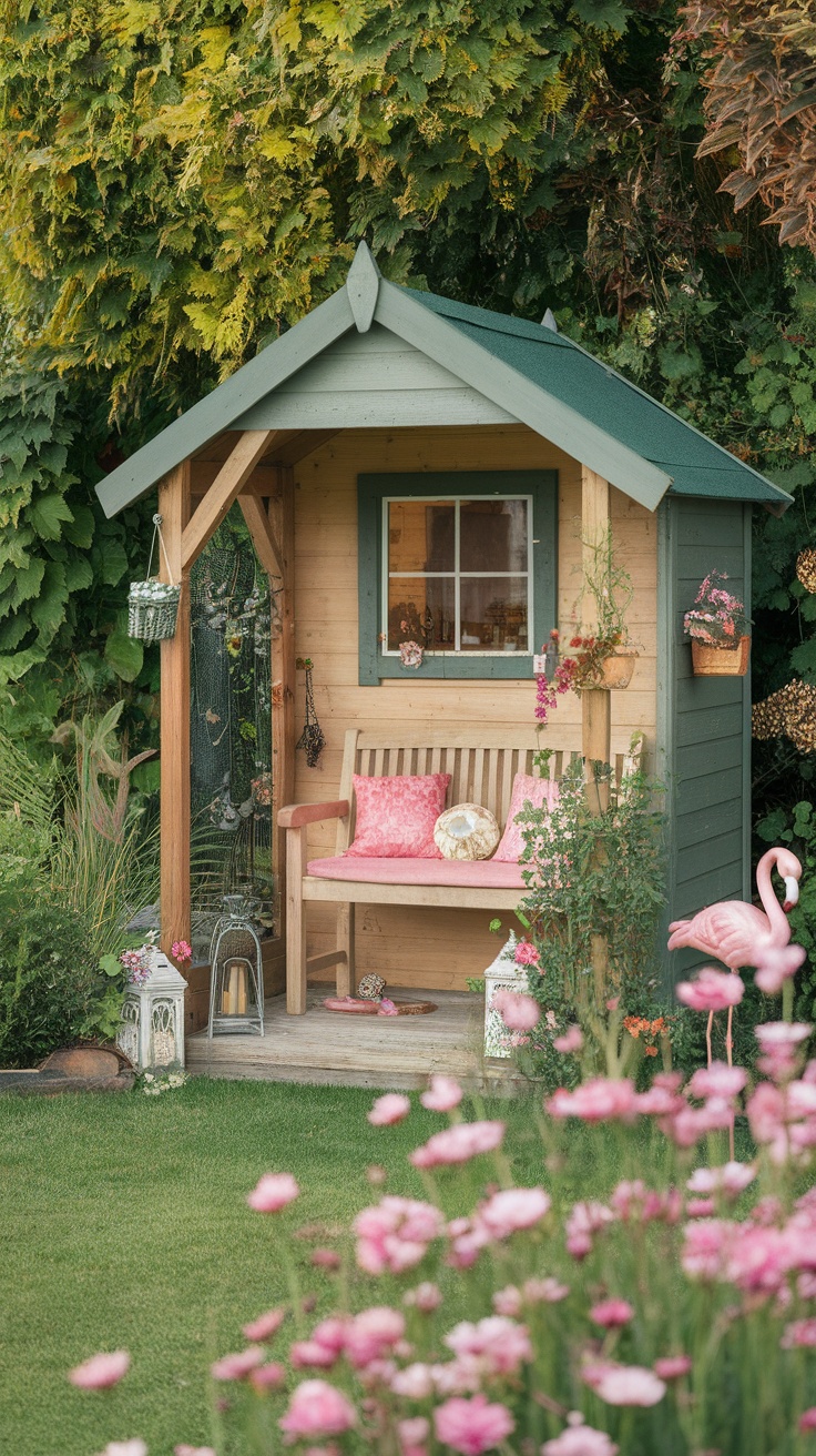 A charming garden shed with a cozy bench adorned with cushions, surrounded by pink flowers and greenery.