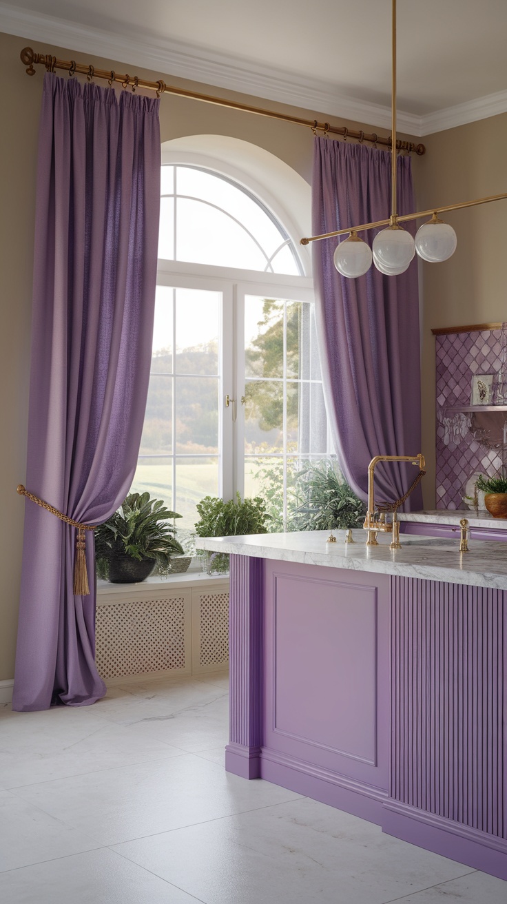 Kitchen with purple curtains, marble countertop, and greenery.