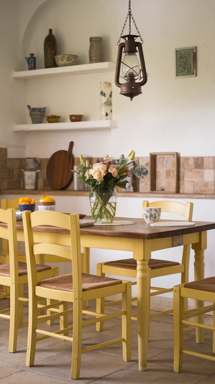 Charming yellow dining area with wooden table, yellow chairs, and decorative elements.
