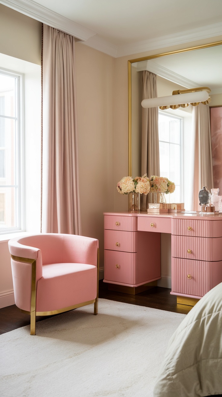 A chic pink and gold bedroom featuring a pink chair, a stylish desk, and soft curtains.