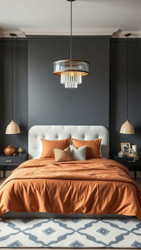 A stylish gray bedroom featuring a comfortable bed with orange bedding, statement lighting, and decorative elements.