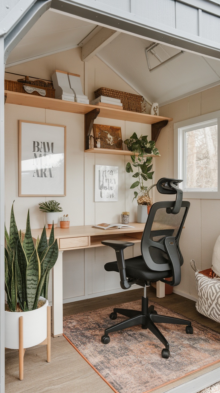 A stylish home office setup in a she shed featuring a wooden desk, a cozy chair, decorative plants, and artwork on the walls.