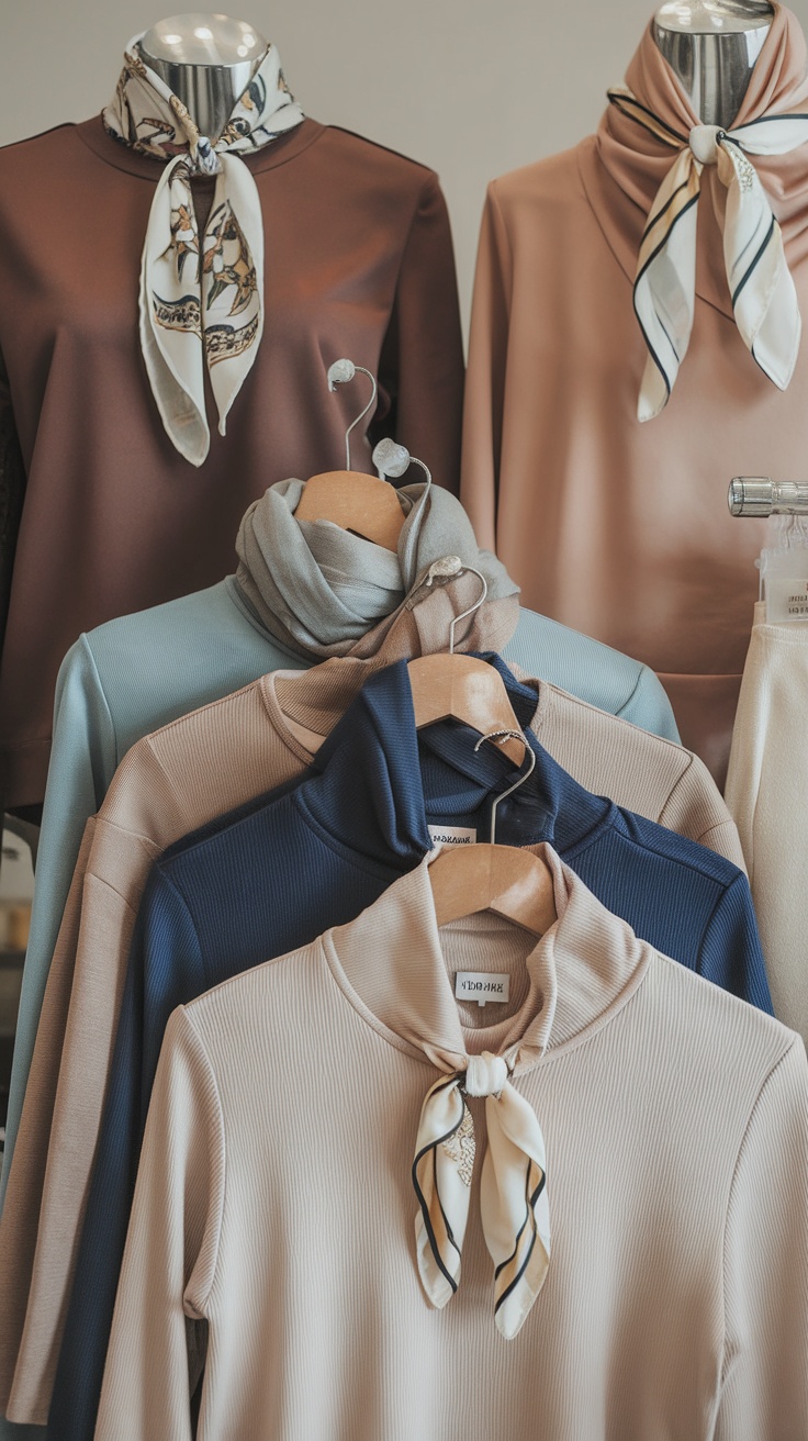 A display of chic long-sleeve tops in various colors, featuring stylish scarf details at the neck.