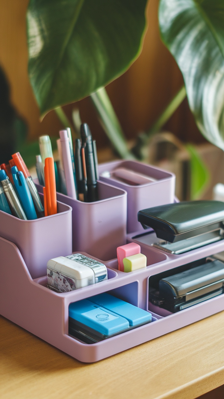 A stylish purple desk organizer filled with pens, markers, and other stationery items on a wooden desk.