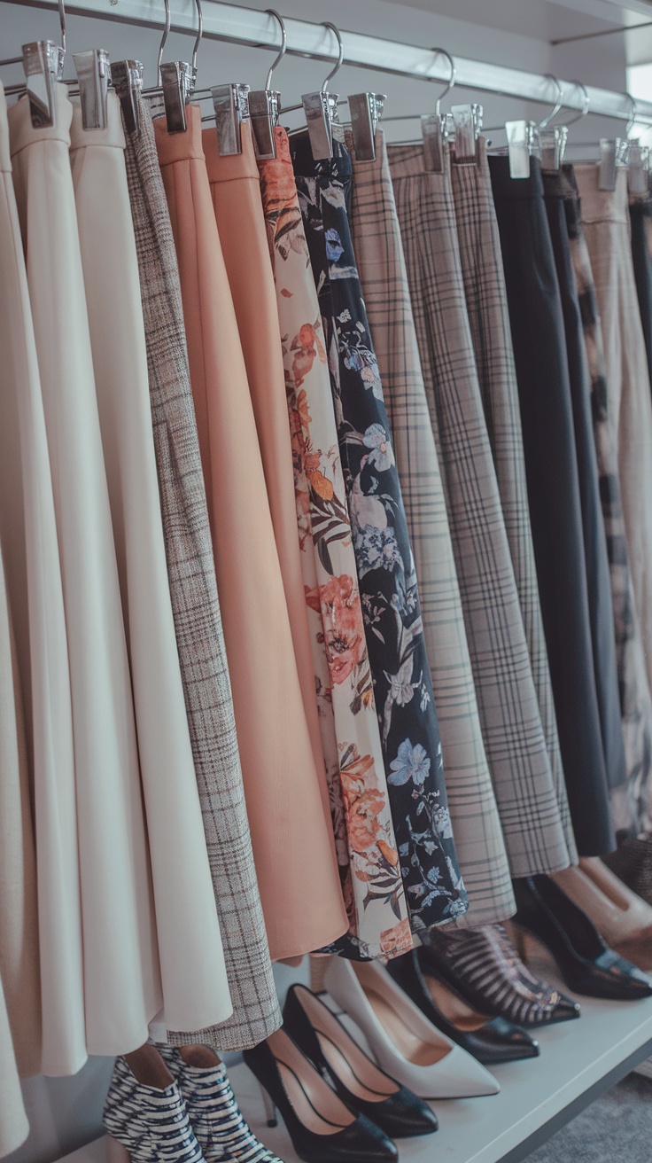 A display of classic midi skirts in various colors and patterns hanging on a rack, with a selection of stylish heels below.