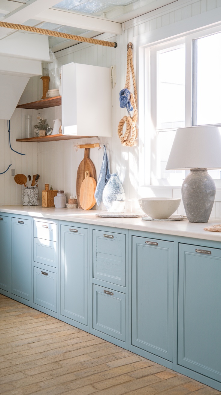 A bright kitchen featuring light blue cabinets, wooden shelves, and coastal decor.