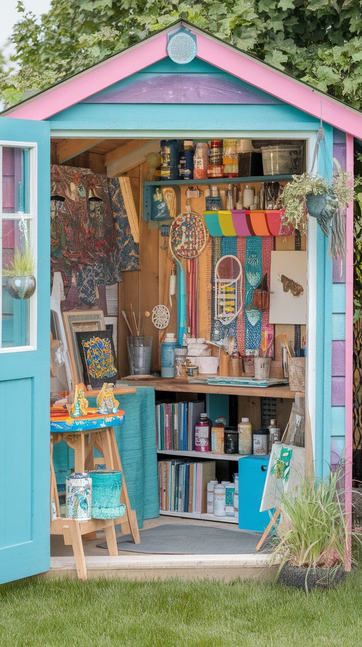 A vibrant craft corner in a she shed, featuring colorful shelves filled with art supplies, fabrics, and creative decor.