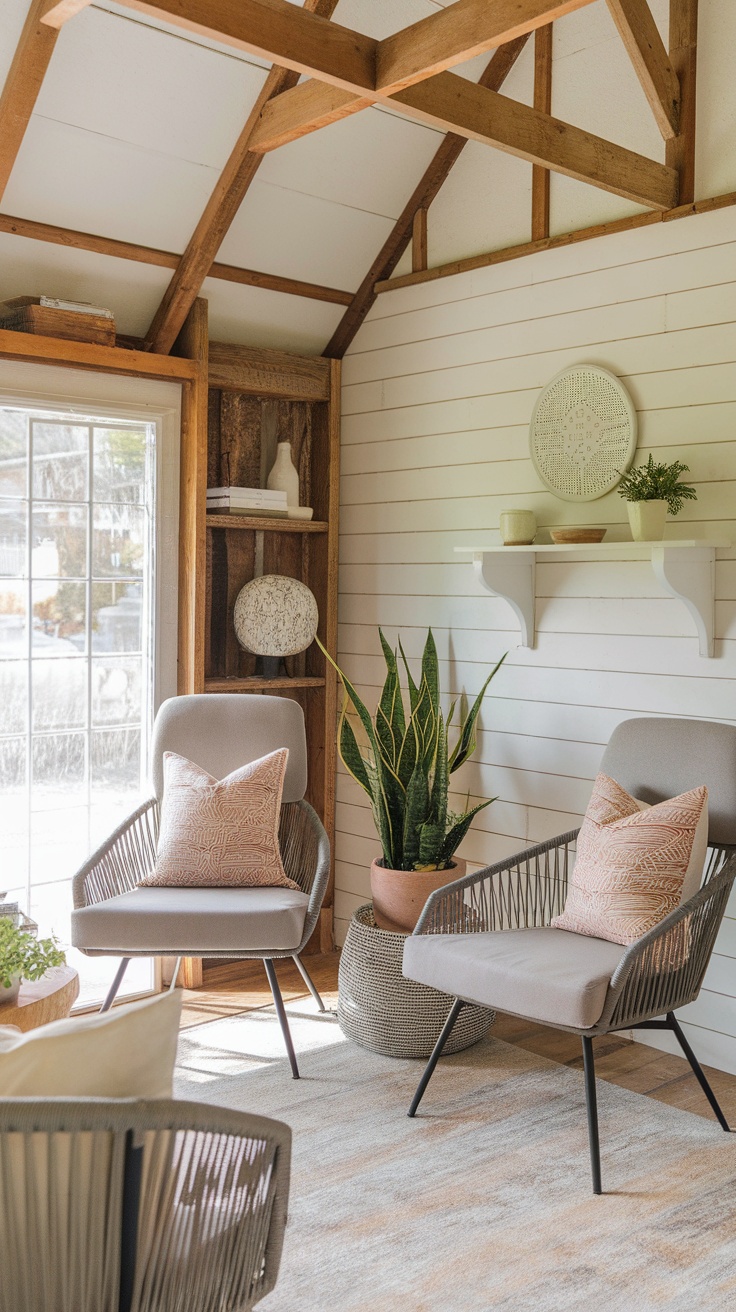 A cozy she shed interior featuring modern chairs, pillows, and plants.