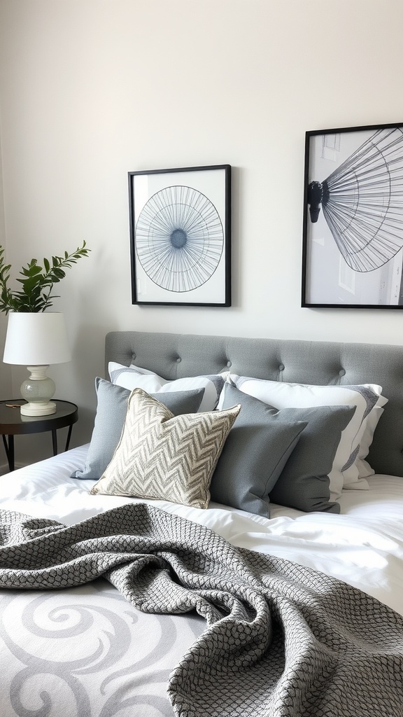 A modern gray bedroom featuring a mix of textured pillows, a patterned throw blanket, and unique artwork on the walls.