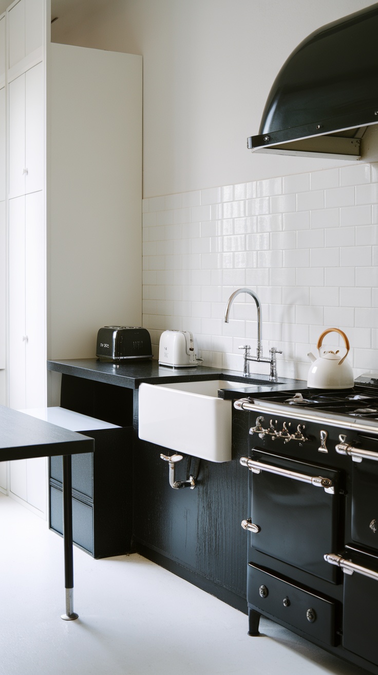 Minimalist black and white kitchen with contrasting textures, featuring a black countertop, white backsplash, and stainless steel appliances.