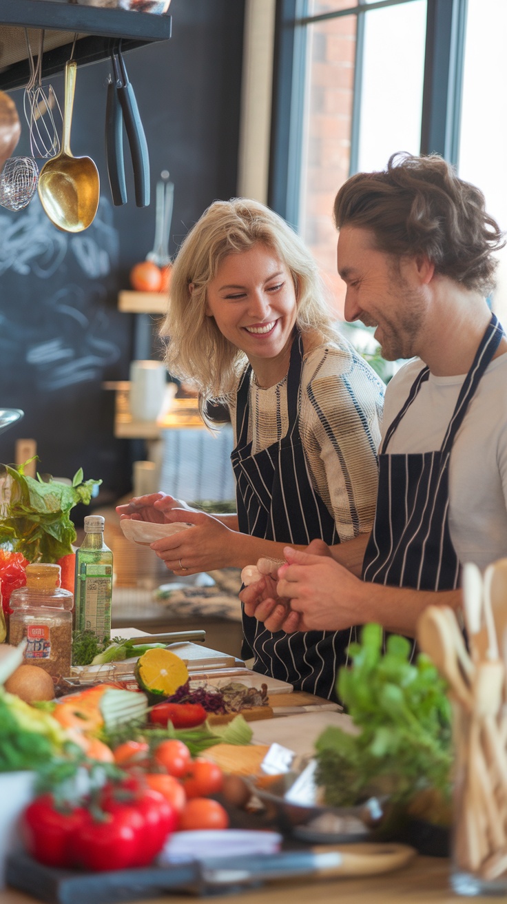 A couple enjoying a cooking class together, smiling and working with fresh ingredients in a bright kitchen.