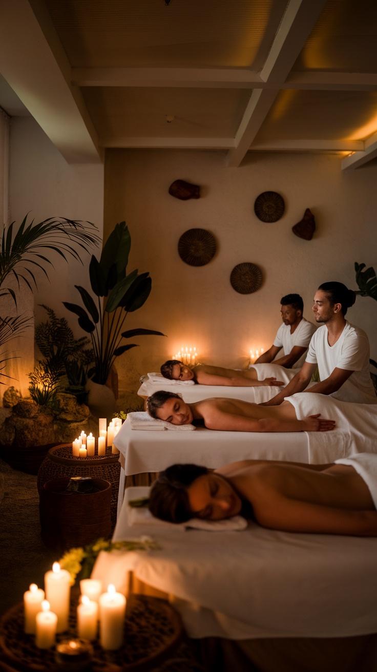 Couples enjoying a relaxing spa day with massages in a serene environment.
