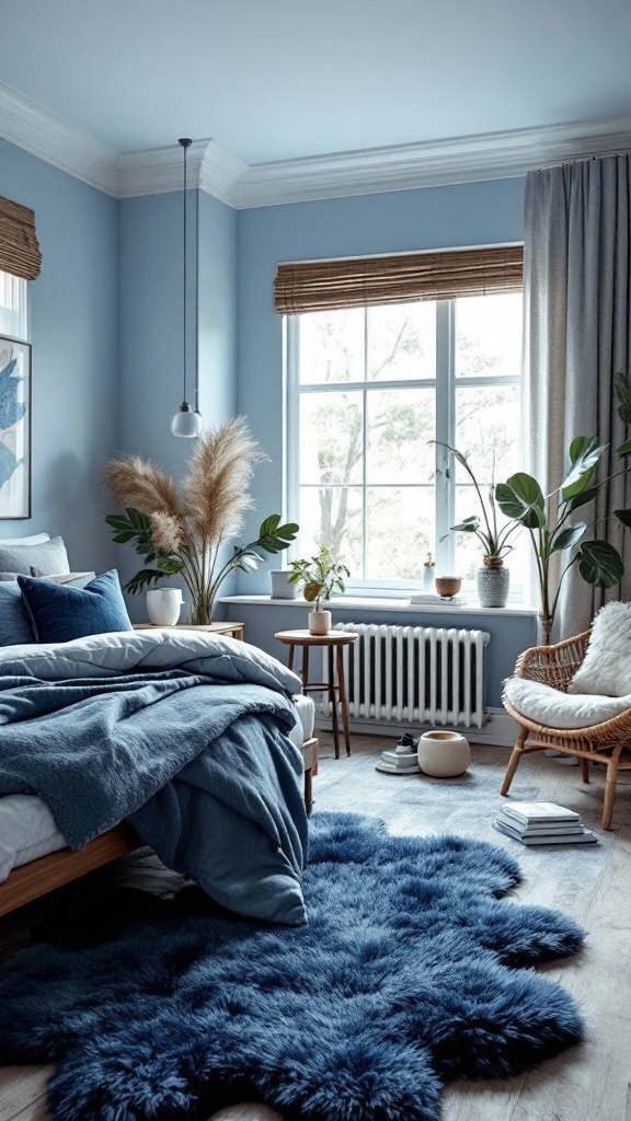 A cozy blue rug in a blue-themed bedroom with plants and soft bedding.