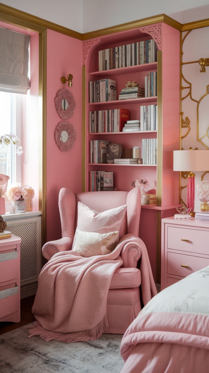 A cozy pink and gold reading nook featuring a plush armchair, built-in bookshelf, and decorative elements.