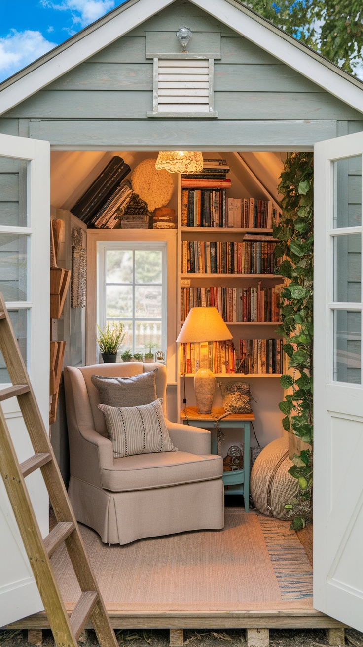 Cozy reading nook in a she shed with armchair, bookshelves, and warm lighting