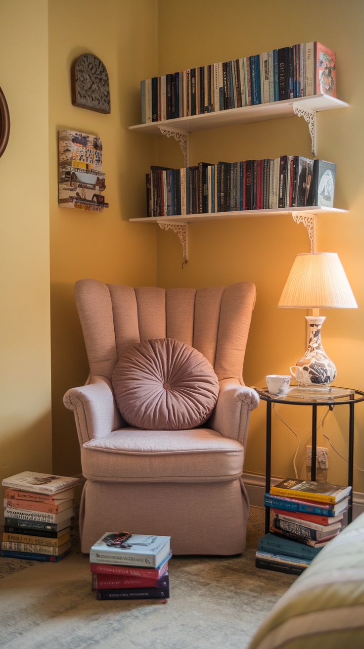 A cozy reading nook featuring a pink armchair, bookshelves filled with books, and a side table with a lamp in a yellow-themed room.