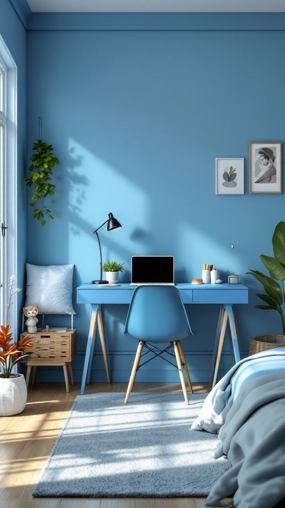 Cozy blue workspace featuring a blue desk, comfortable chair, laptop, and decorative items in a well-lit room.