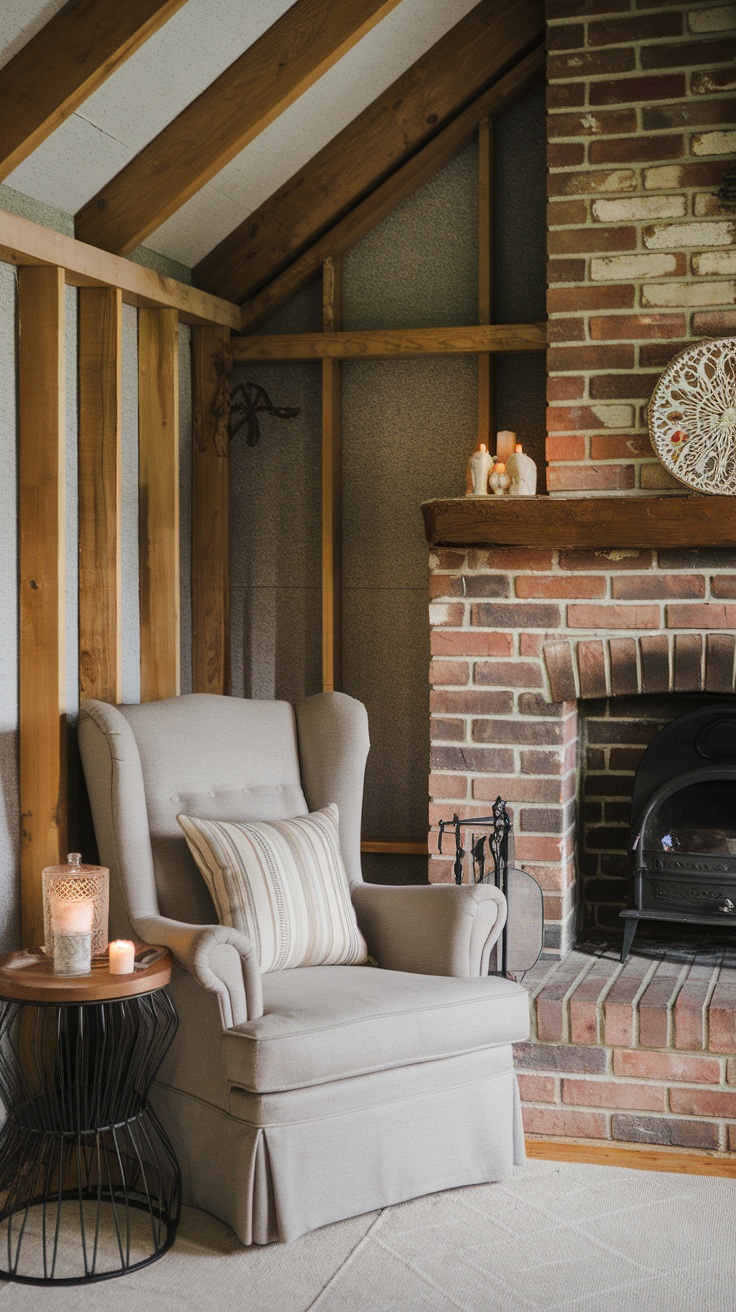 Cozy fireplace corner with a comfortable chair, side table, and brick fireplace.