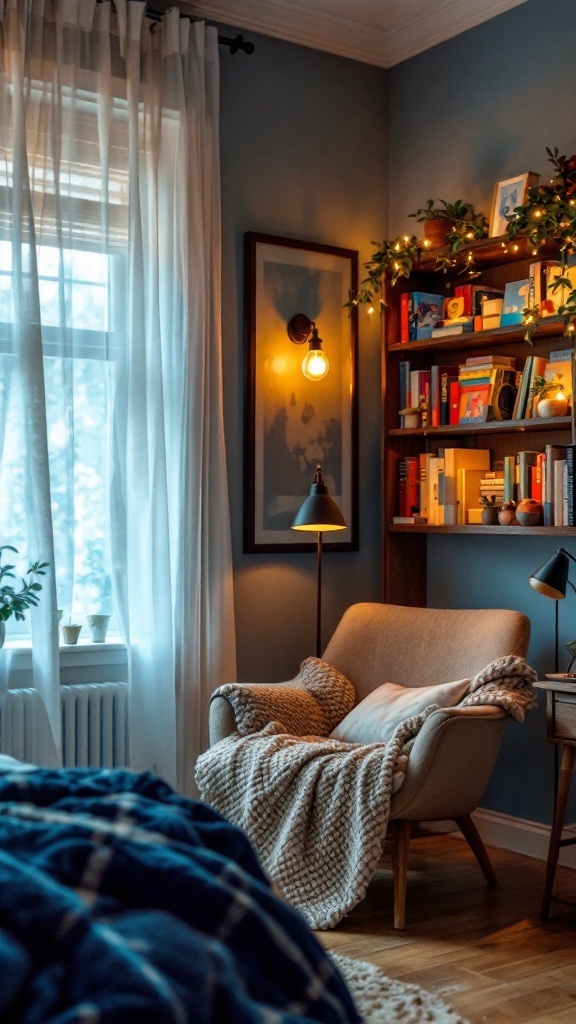 Cozy reading nook in a blue bedroom with a soft chair, warm blanket, and a bookshelf.