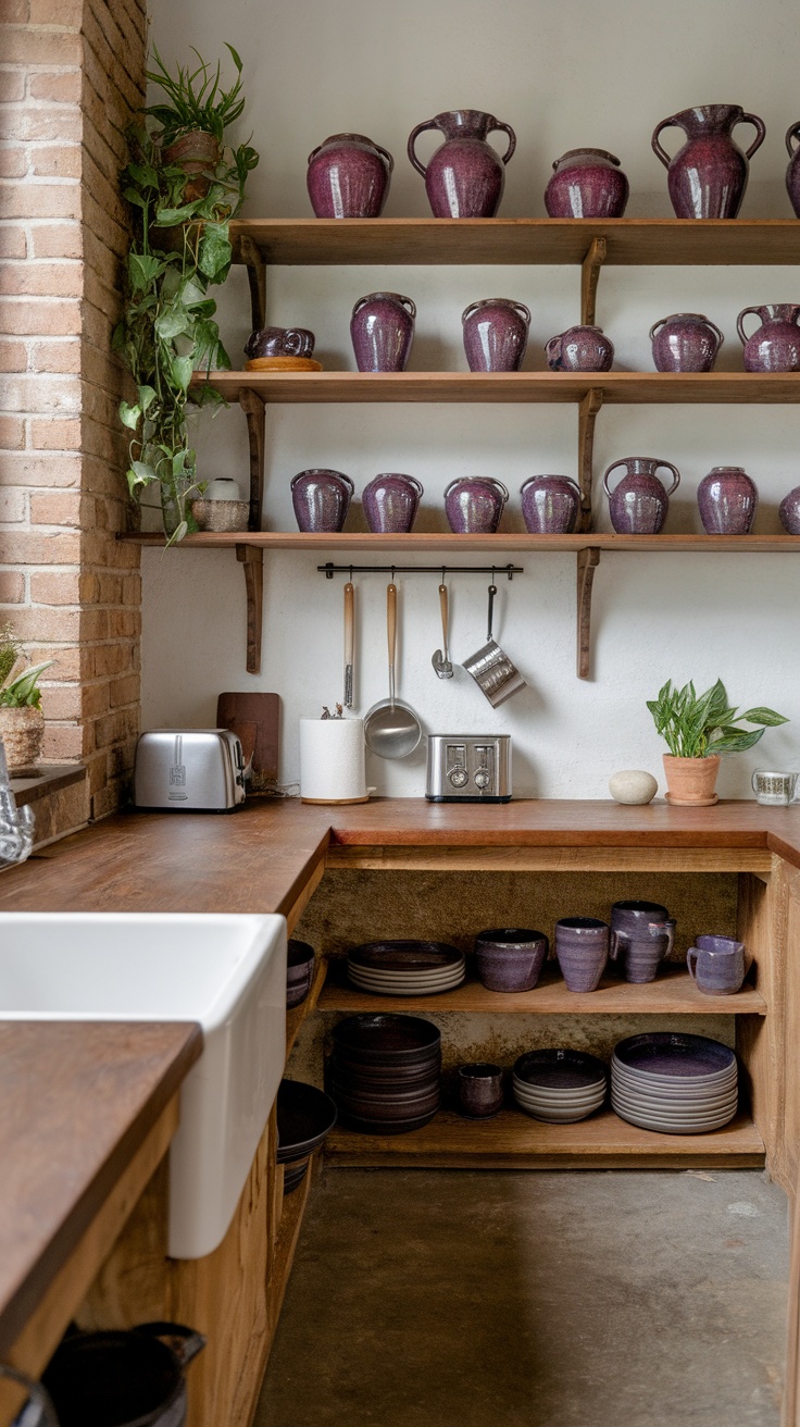 A purple pottery display in a cozy kitchen with wooden shelves and plants.
