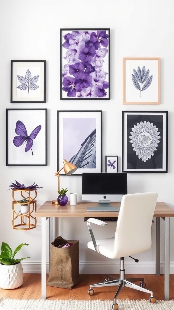 A purple-themed home office wall featuring a large elephant mural and various purple shapes.