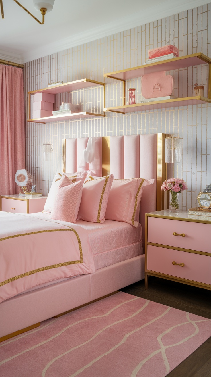 A pink and gold themed bedroom featuring stylish storage solutions, including open shelves and decorative boxes