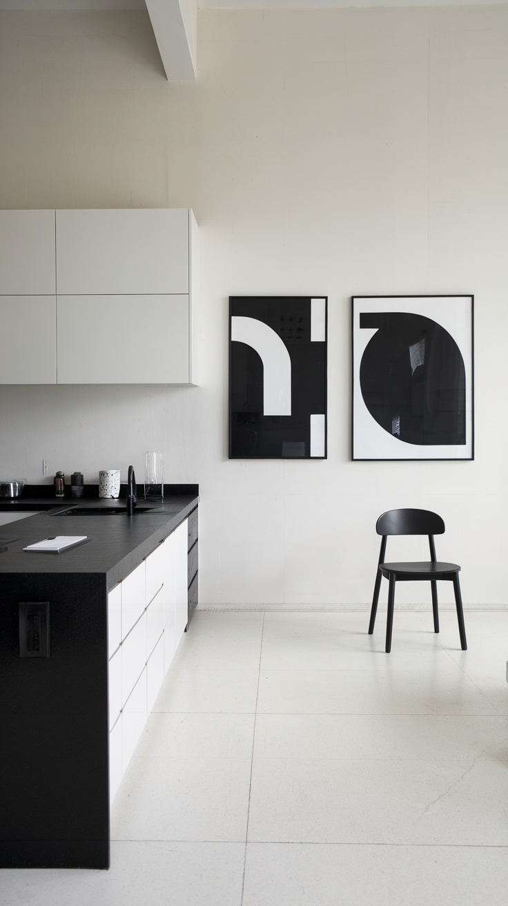 Minimalist kitchen featuring black and white wall art with geometric designs.