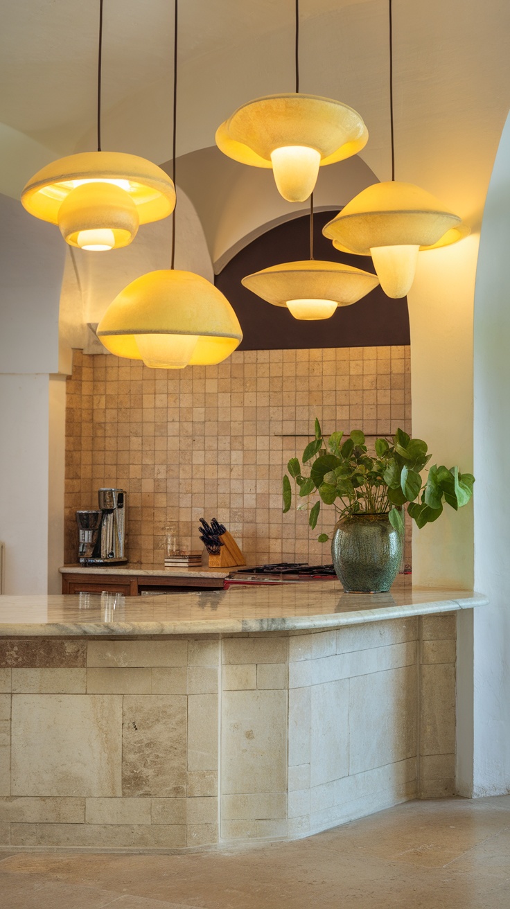 A kitchen with stylish yellow pendant lights hanging above an island, creating a warm and inviting atmosphere.