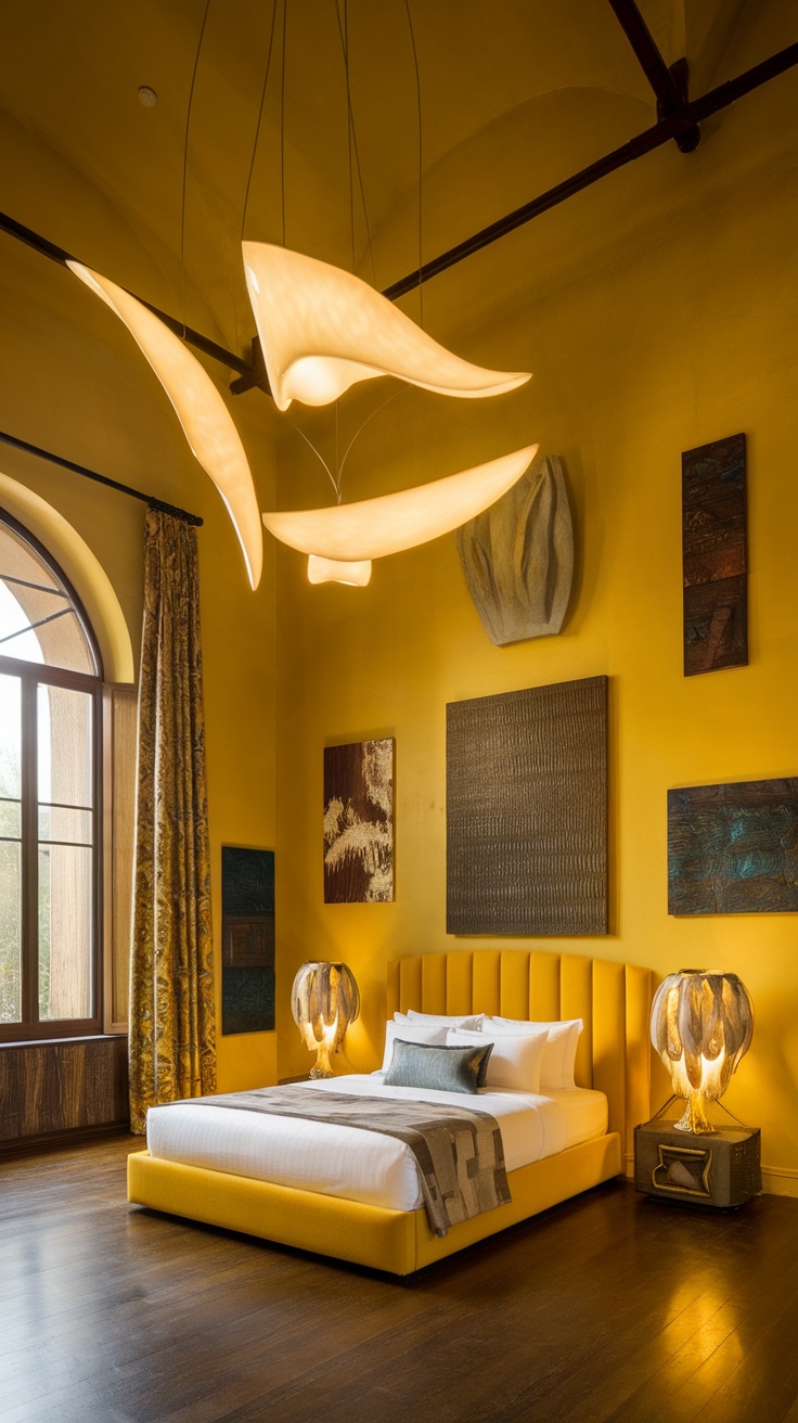 A yellow bedroom featuring artistic ceiling lights and stylish table lamps, creating a warm atmosphere.