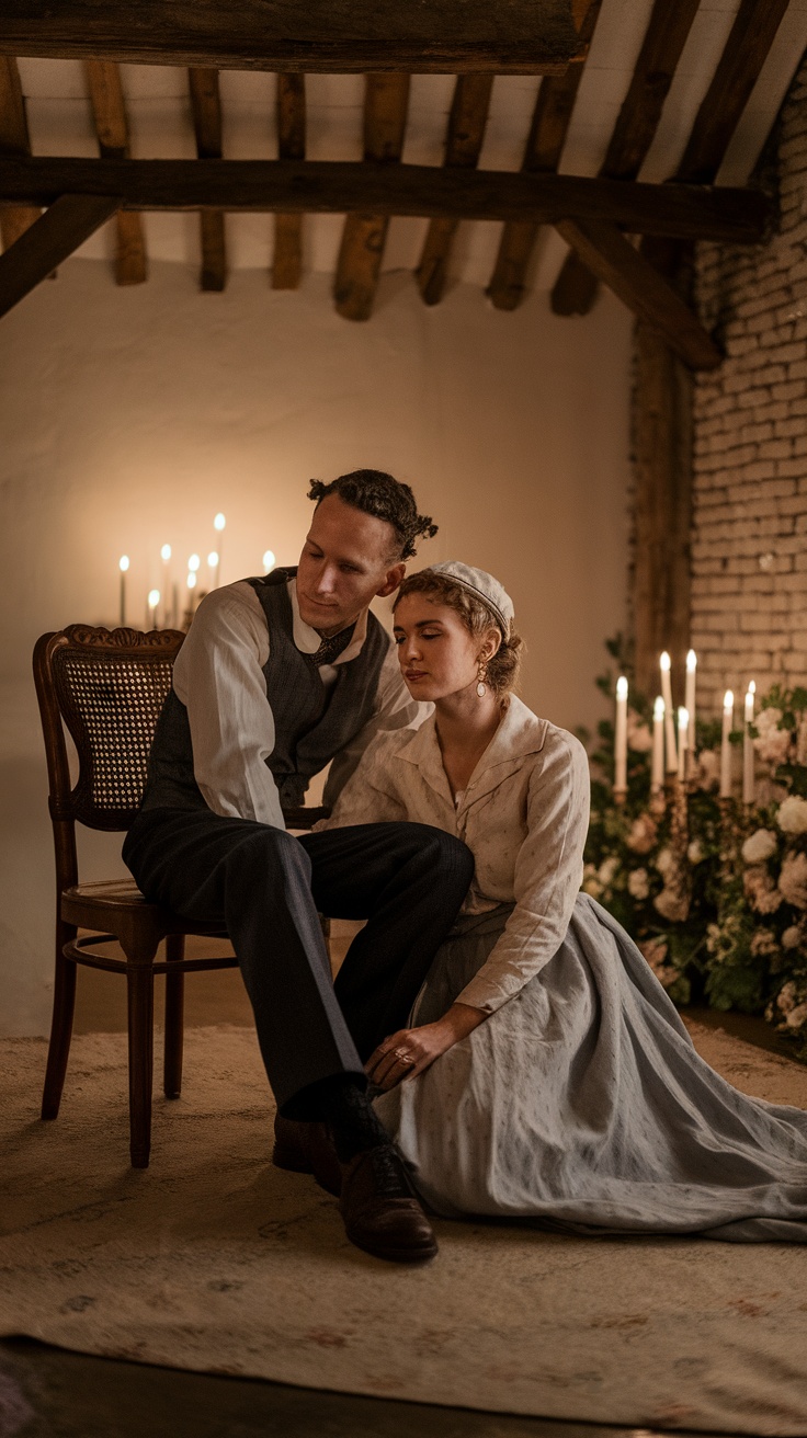 A couple sharing a tender moment in a cozy setting, with candles in the background, highlighting intimacy and connection.