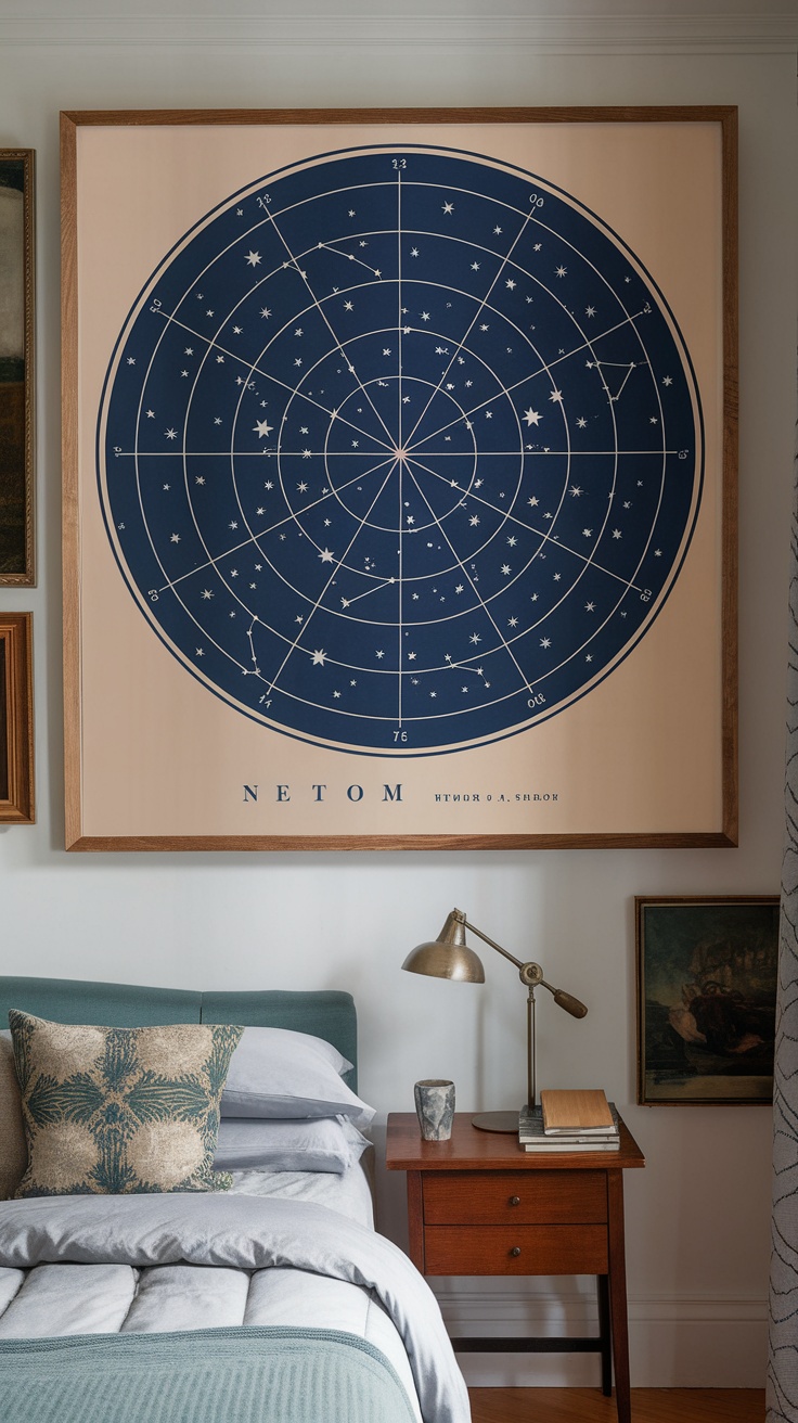 A custom star map displayed in a stylish bedroom