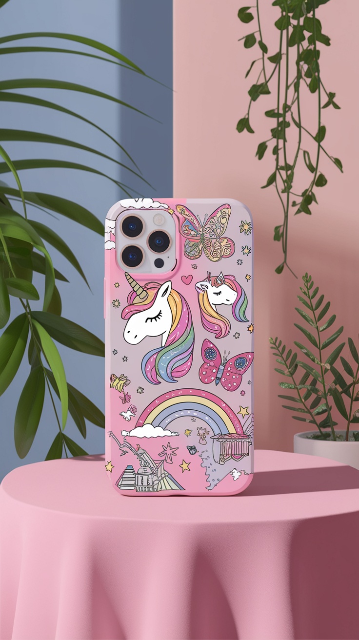 A customized phone case featuring unicorns, butterflies, and rainbows on a pink background.