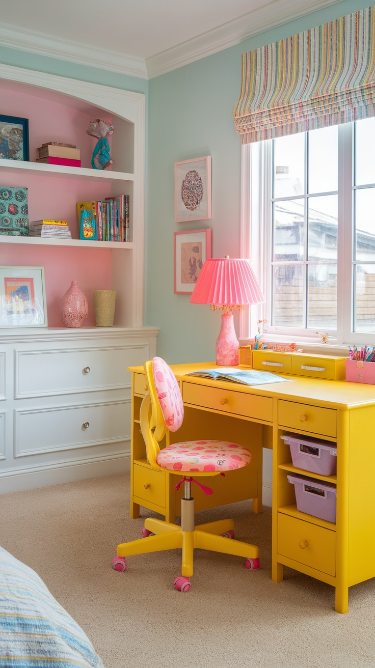 A cheerful yellow desk with a pink patterned chair, organized with colorful storage bins and a soft lamp, creating a bright study area