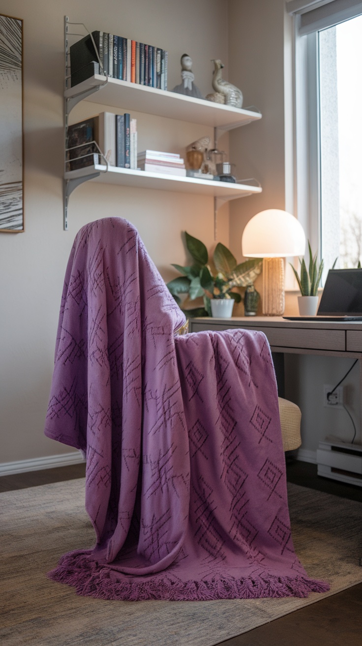 A cozy purple throw blanket draped over a chair in a stylish home office setting.