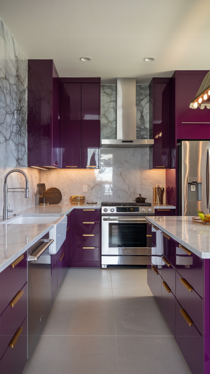 A modern kitchen featuring deep purple cabinets, marble backsplash, and stainless steel appliances.