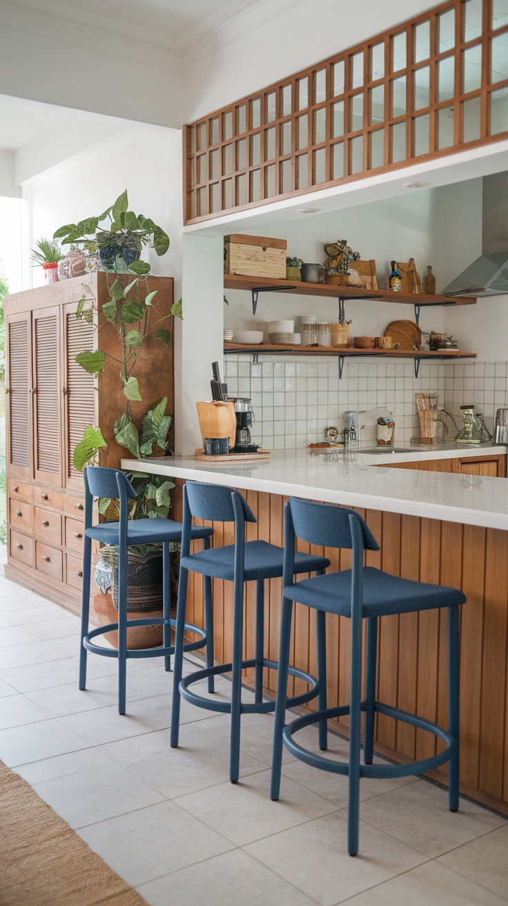 A kitchen featuring denim blue bar stools, wooden cabinets, and open shelves with plants