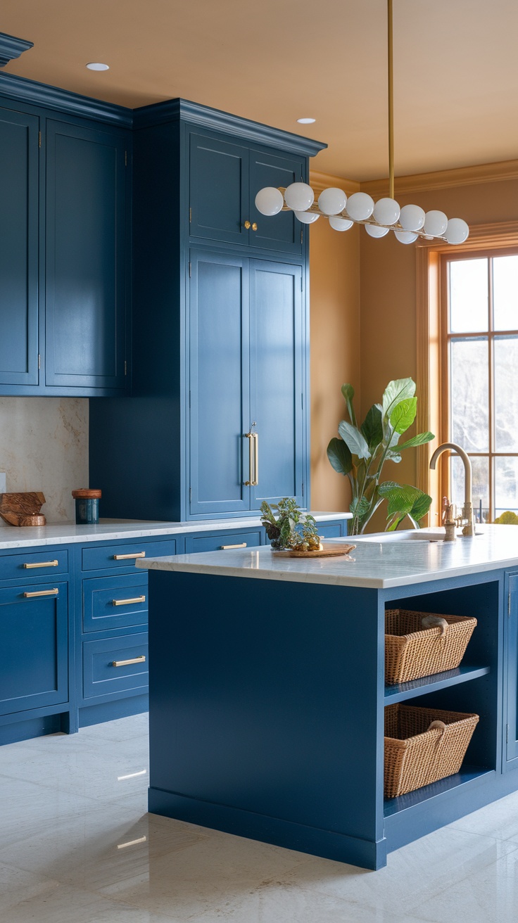 A stylish kitchen with midnight blue cabinetry, a marble countertop, and modern pendant lighting.