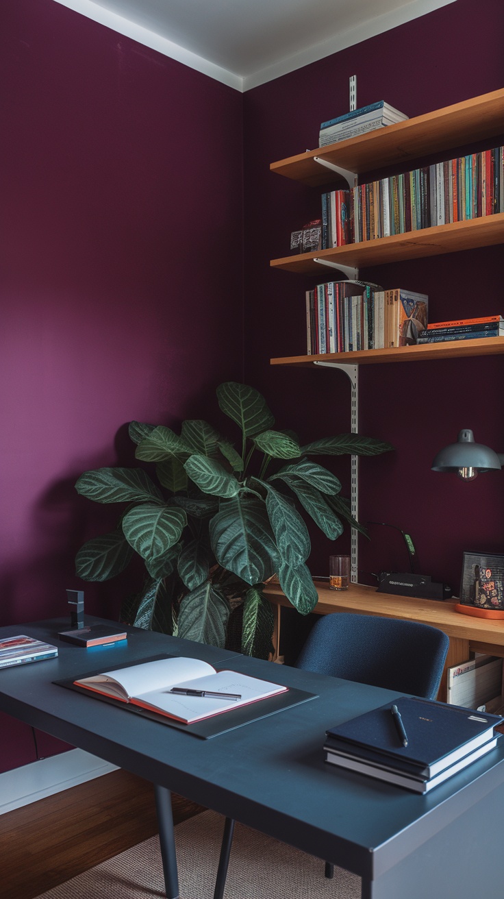 Home office featuring a dramatic purple accent wall with wooden shelves, a desk, and a large plant.