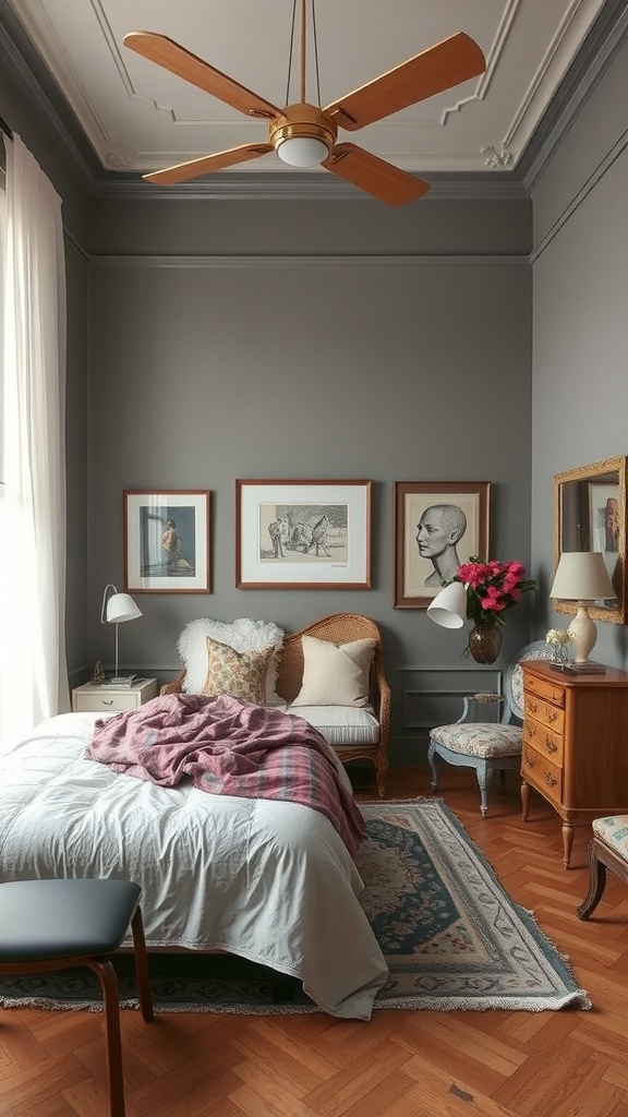 Eclectic gray bedroom featuring unique art, a cozy bed with layered bedding, and a stylish woven chair.