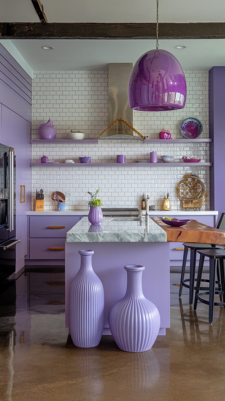 A stylish purple-themed kitchen with lavender walls, a glossy pendant light, and eclectic decor elements including vases and ceramics.