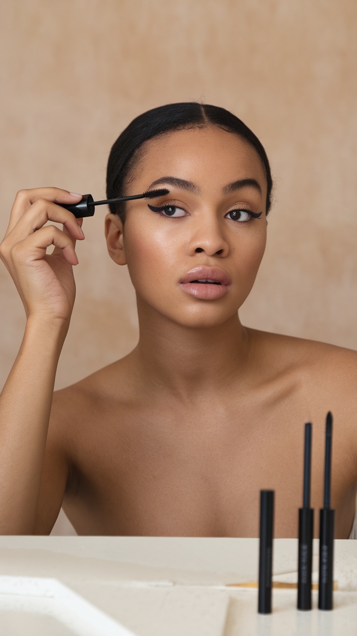 A person applying mascara with a focused expression, surrounded by eye makeup products.