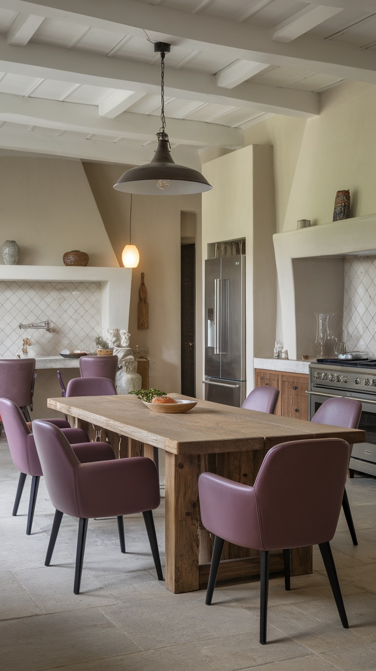 A dining area featuring eggplant-style chairs around a rustic wooden table, with modern kitchen elements in the background.