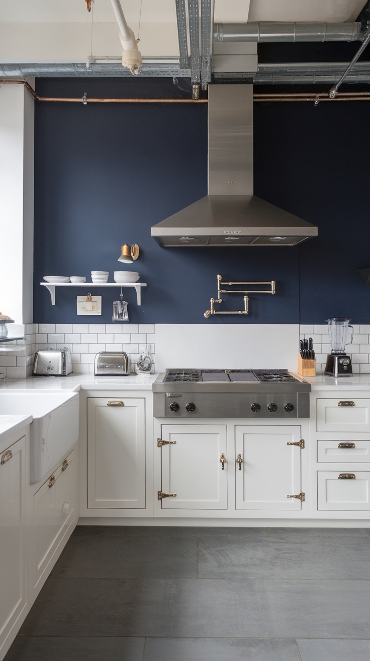 A sleek kitchen with a navy blue accent wall, white cabinetry, and modern appliances.